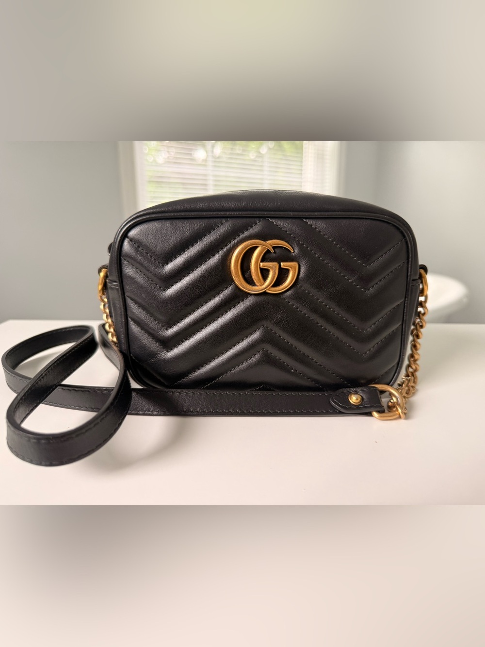 Authentic Gucci GG Marmont Matelassé Black Leather Small Camera Bag